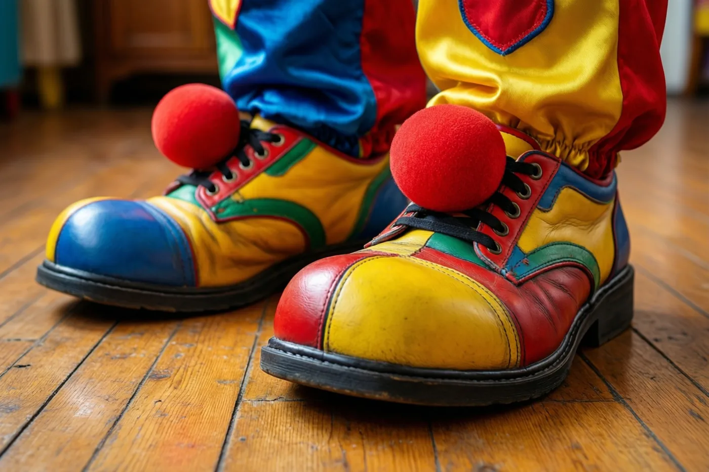 Een paar grote clownsschoenen met gele, rode en blauwe vlakken, rode pompons op de neuzen en zwarte veters en zolen wordt gedragen op een houten vloer.