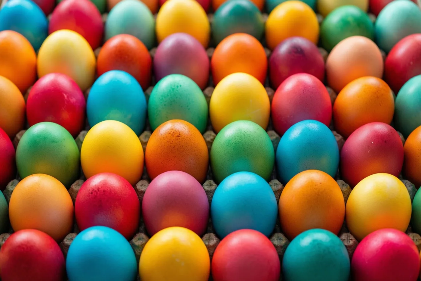 Van bovenaf zijn rijen rood, geel, blauw en groen beschilderde eieren in een kartonnen eierdoos te zien.