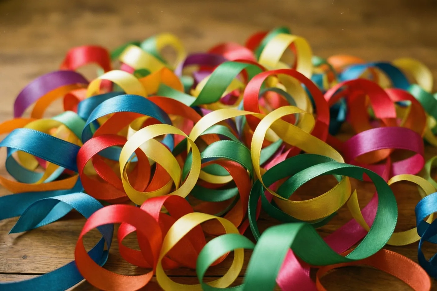 Gekrulde satijnen linten in rood, groen, geel, blauw en oranje liggen door elkaar op een houten oppervlak.