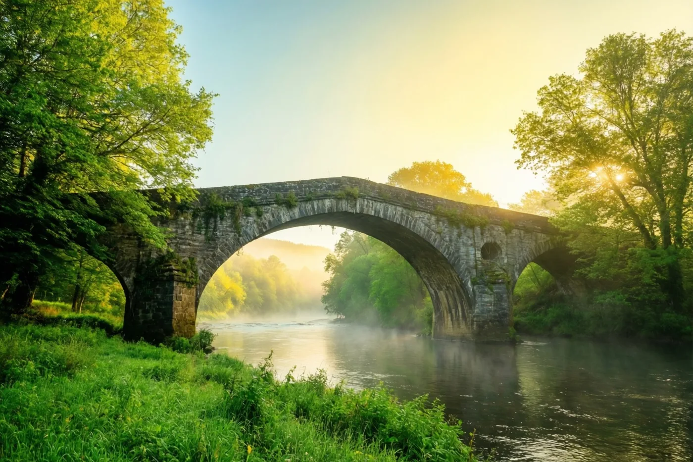 Een stenen boogbrug overspant een rivier in ochtendmist, omringd door groene bomen in het zachte gouden licht van de opkomende zon.