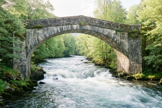 Een stenen boogbrug overspant een snelstromende rivier tussen weelderige groene bomen.