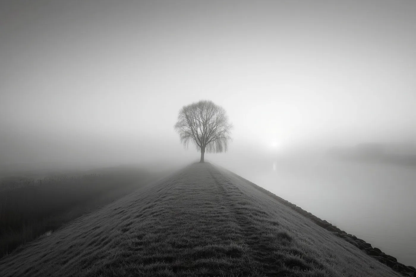 Op een zwart-witfoto staat een kale boom op een grasdijk langs een rustige rivier bij een mistige winterzonsopgang.