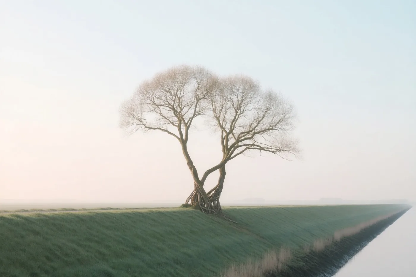 Een boom met verstrengelde takken staat op een groene polderdijk naast rustig water onder een zachte, nevelige lucht.