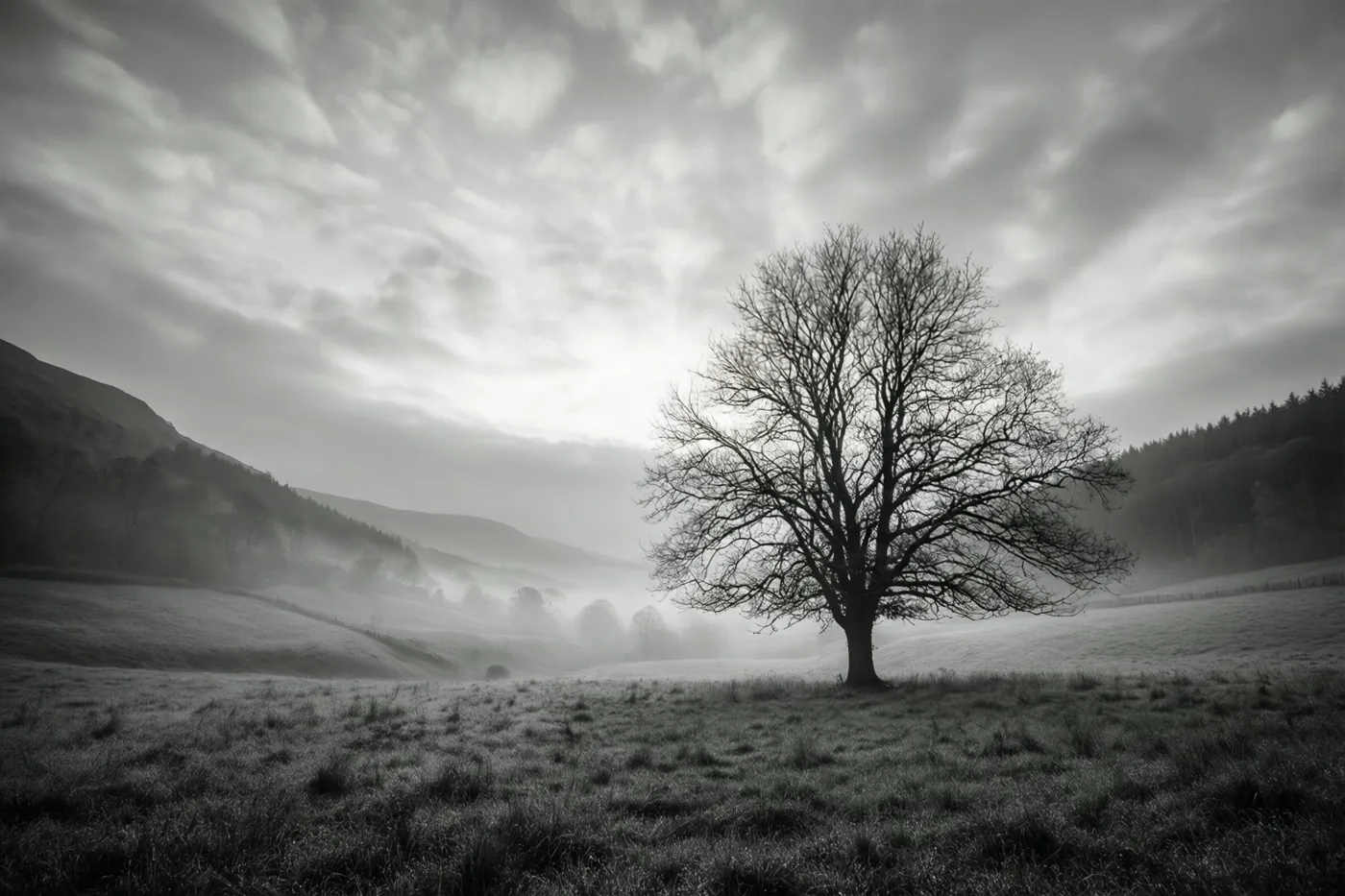 Een kale boom staat bij het eerste daglicht in een mistige vallei en steekt af tegen zachte grijze wolken in een monochroom landschap.