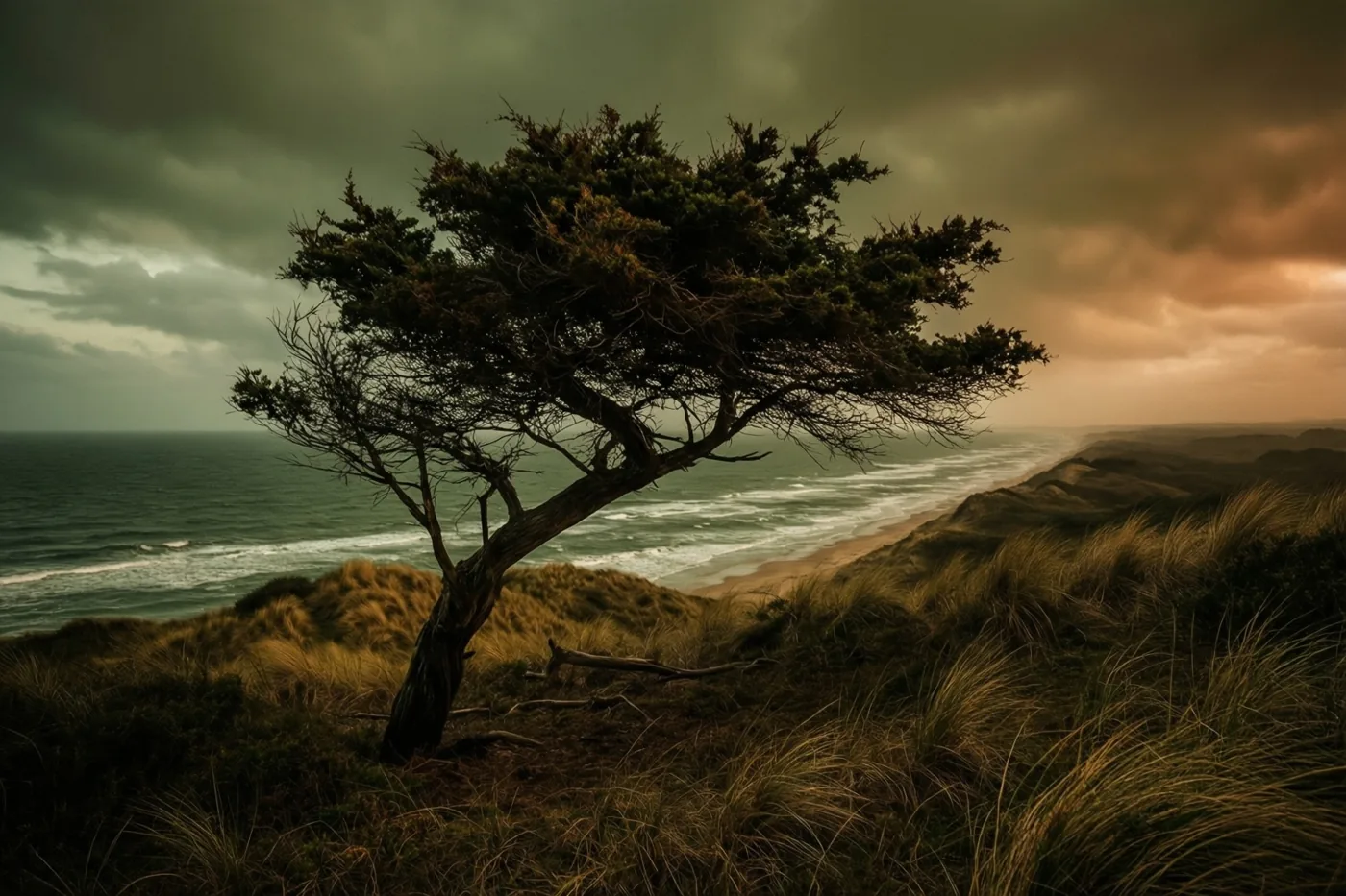 Een eenzame, door de wind gebogen boom staat op een begroeid duin boven de zee onder een dreigende wolkenhemel.