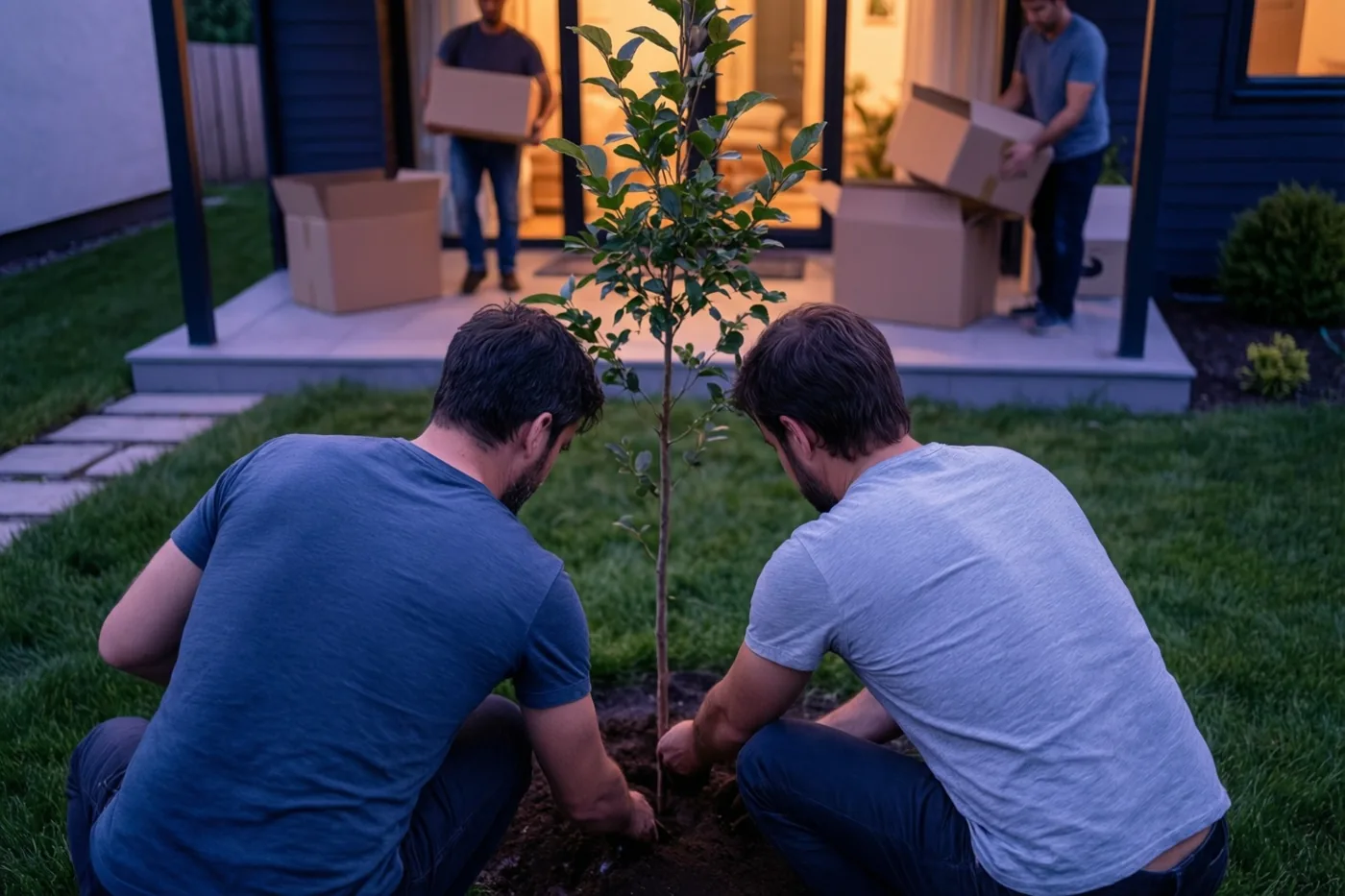 Twee mannen knielen met hun rug naar de camera in het gras om een jonge boom te planten, terwijl andere mannen bij het verlichte huis dozen verplaatsen in de schemering.