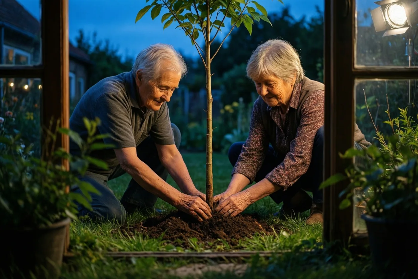 Een ouder koppel knielt in een tuin en plant samen een jonge boom in donkere aarde, bij warm licht in de schemering.