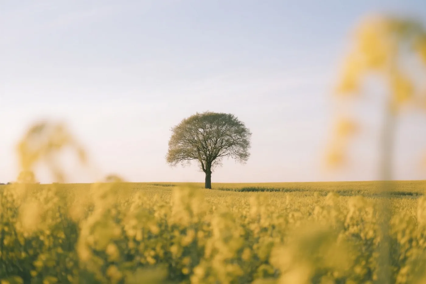 Een boom staat midden in een uitgestrekt geel koolzaadveld onder een brede lichtblauwe hemel, met onscherpe gele bloemen op de voorgrond.