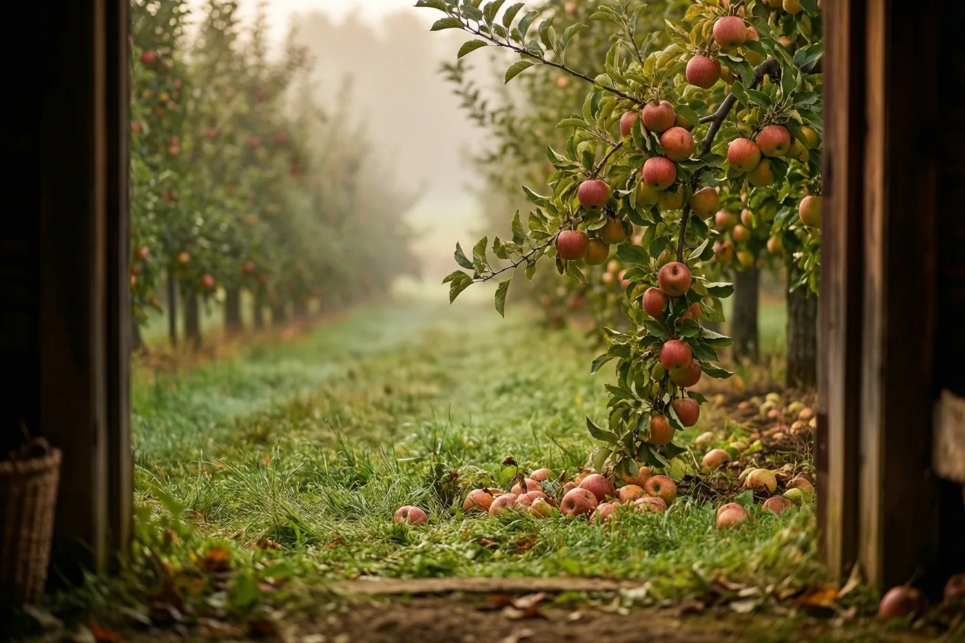 Vanuit een houten deuropening is een appelboomgaard te zien met rode appels verspreid op het gras en rijen bomen in ochtendmist en zacht warm licht.
