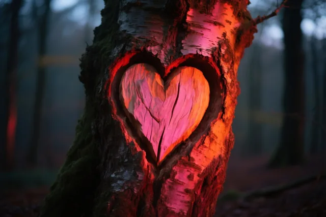 Een hart is gekerfd in de schors van een boomstam in een donker bos, verlicht door warm rood en roze licht.