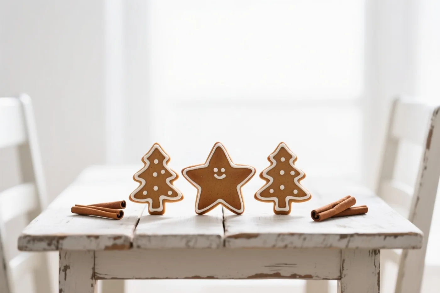 Drie gemberkoekjes in de vorm van kerstbomen en een ster liggen tussen kaneelstokjes op een rustieke witte houten tafel, met een heldere onscherpe achtergrond.