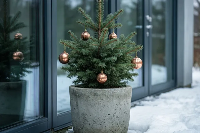 Een klein dennenboompje met koperen kerstballen staat in een grijze betonnen plantenbak in de sneeuw naast een moderne glazen deur.