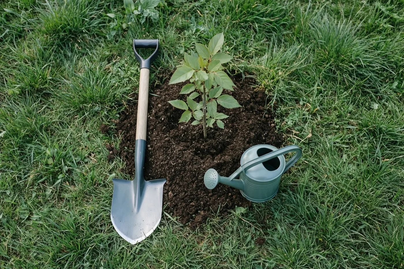 Een pas geplante jonge boom staat in donkere aarde tussen groen gras, met een spade en een kleine gieter ernaast.
