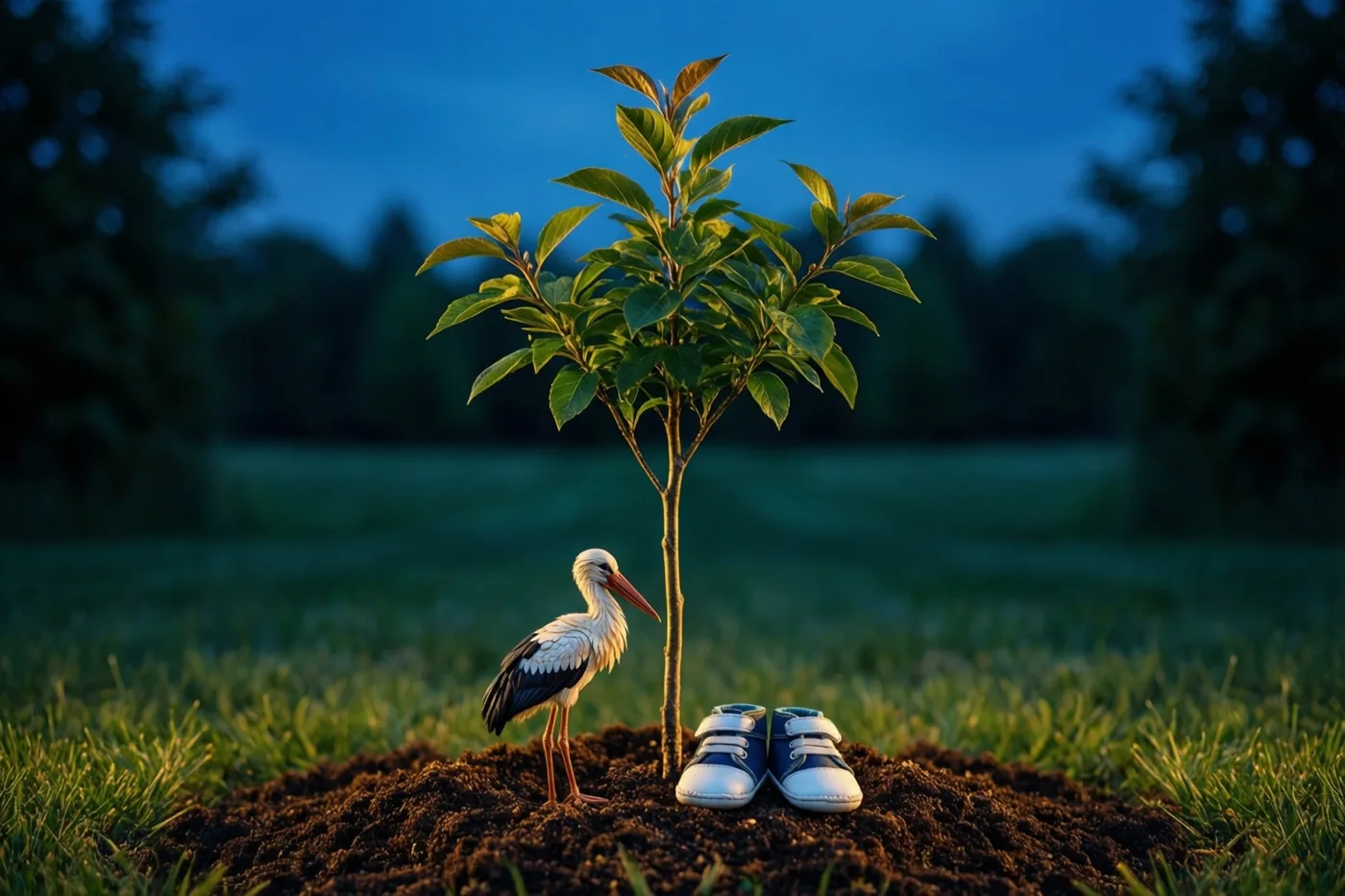 Een boompje staat op een hoopje aarde in een grasveld met een houten ooievaar en babyschoentjes ernaast, in goudkleurig licht onder een diepblauwe schemerlucht.