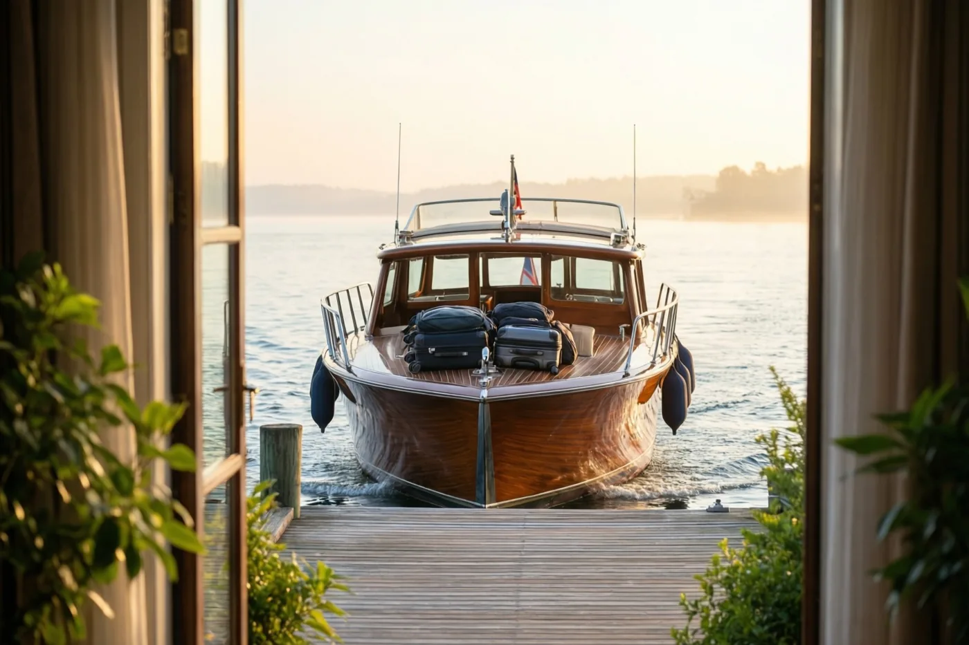 Door een open deuropening is een slanke houten boot met een ingepakte koffer op het dek te zien die bij zonsopgang een houten pier verlaat, met kalm water en bomen in de verte.