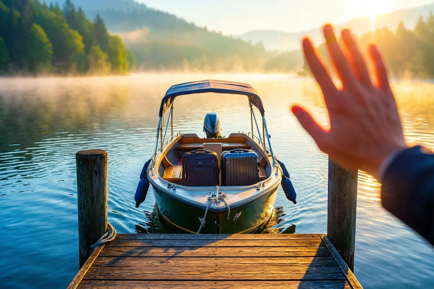Een kleine motorboot met twee koffers vaart bij zonsopgang weg van een houten steiger op een mistig meer, terwijl een hand zwaait en groene beboste heuvels op de achtergrond liggen.