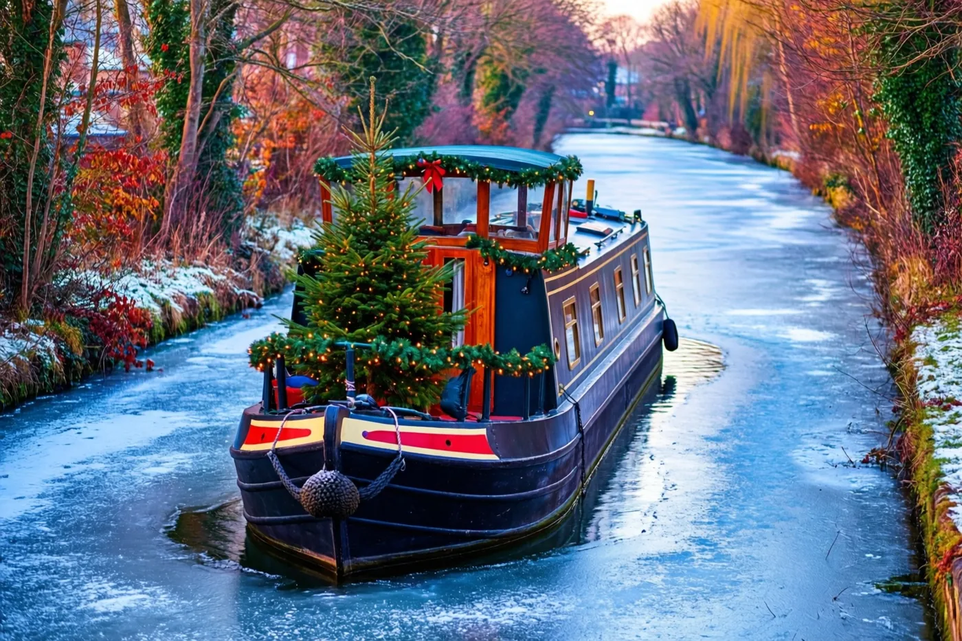 Een versierde binnenvaartboot met een verlicht dennenboompje op het dek ligt aangemeerd op een bevroren kanaal, tussen oevers met herfstkleurige bomen in zacht warm licht.