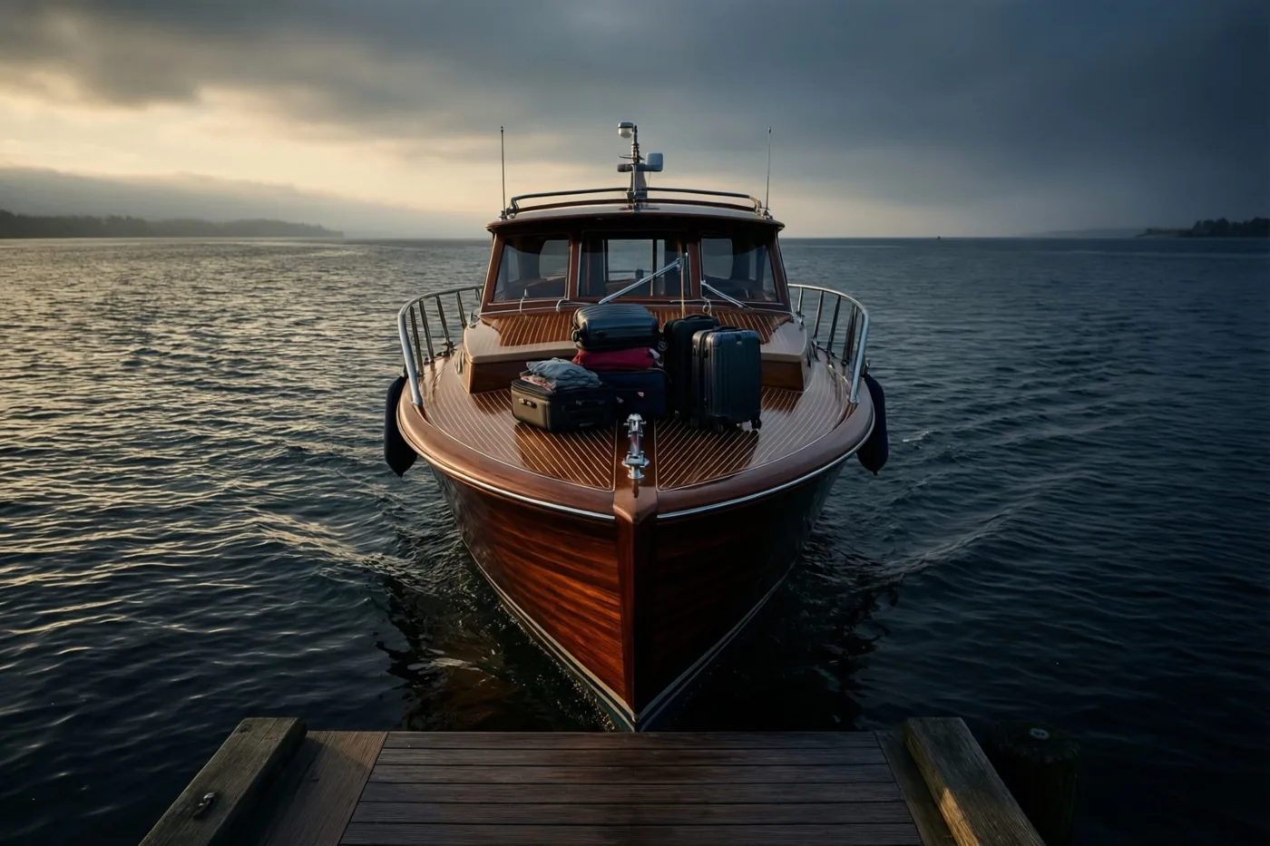 Een slanke houten boot met een ingepakte koffer op het dek verlaat bij zonsopgang een houten pier op kalm water, onder wolken waar gouden licht doorheen breekt.