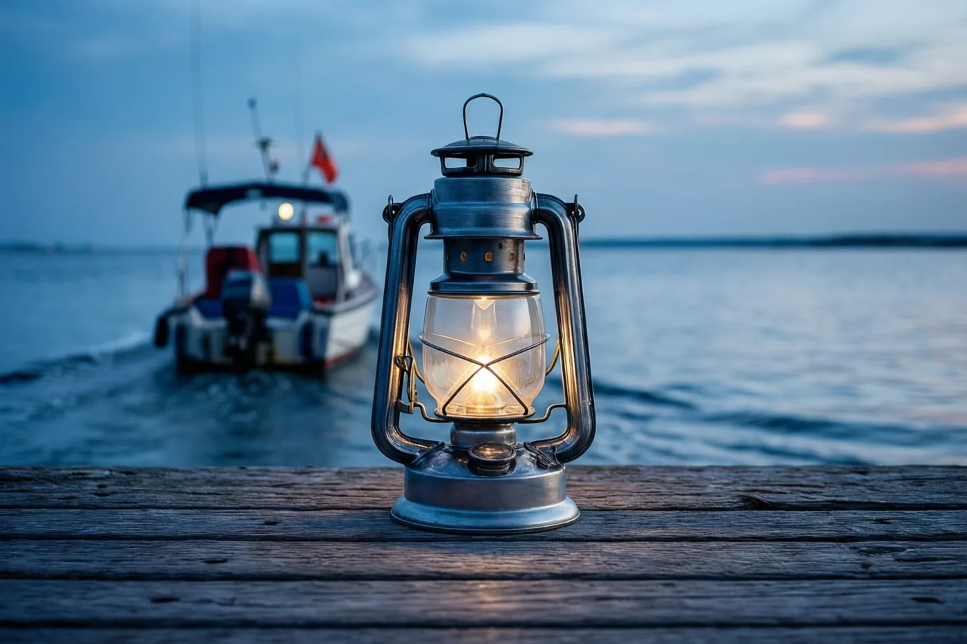 Een brandende metalen lantaarn staat op een verweerde houten steiger, terwijl een bootje met een rode vlag wegvaart onder een blauwgrijze avondlucht.