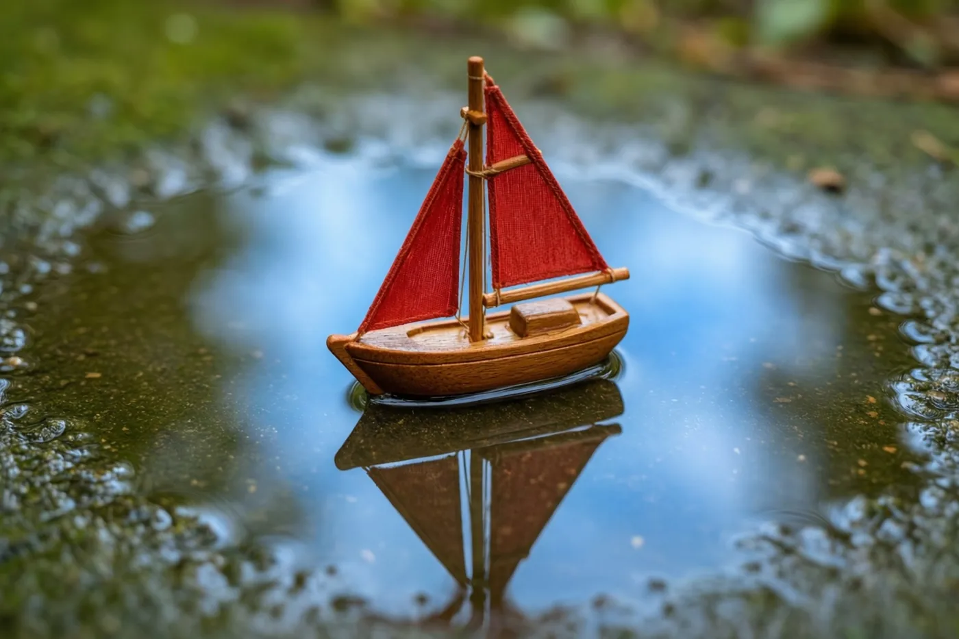 Een houten speelgoedbootje met rode zeilen drijft op een regenplas waarin het weerspiegelt, met onscherp groen op de achtergrond.