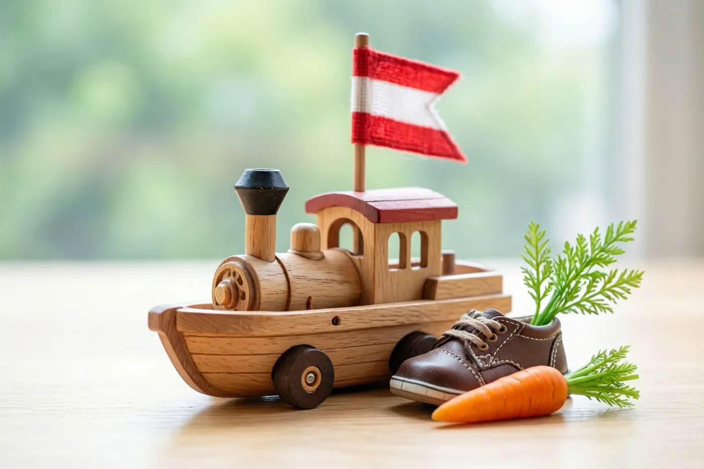 Een houten speelgoedstoomboot met een rood-witte vlag staat op een lichte houten ondergrond naast een klein bruin schoentje en een wortel, tegen een wazige groene achtergrond.