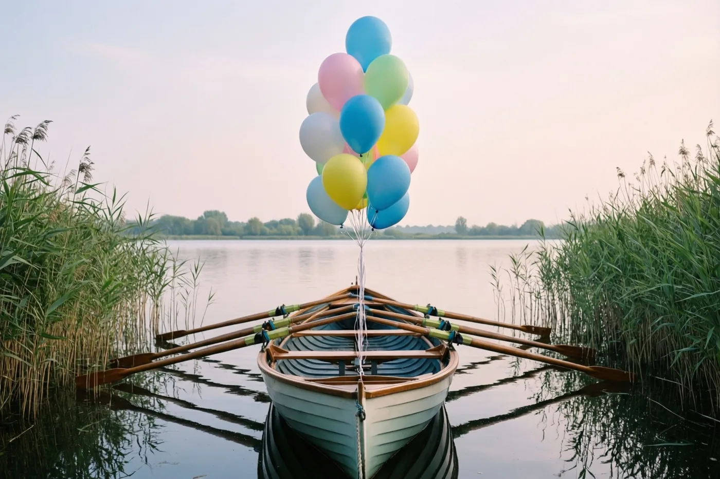 Een roeiboot met kleurrijke ballonnen aan de boeg ligt aangemeerd op kalm water tussen hoog riet, in zacht pastelkleurig licht.