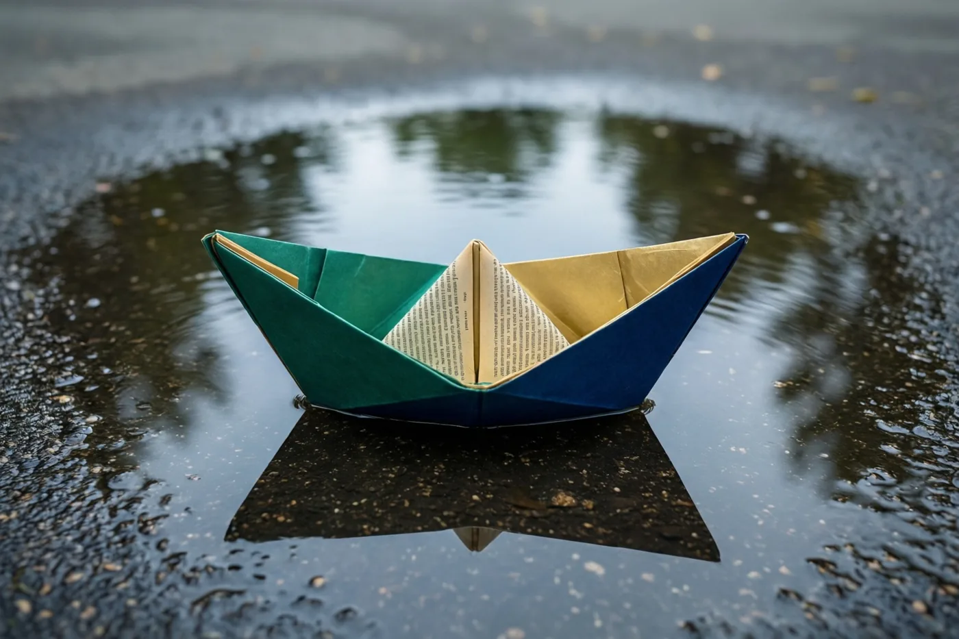Een bootje gevouwen uit een boekpagina drijft op een plas in een omgeving die op een speelplaats lijkt, in groene, blauwe en gele tinten.