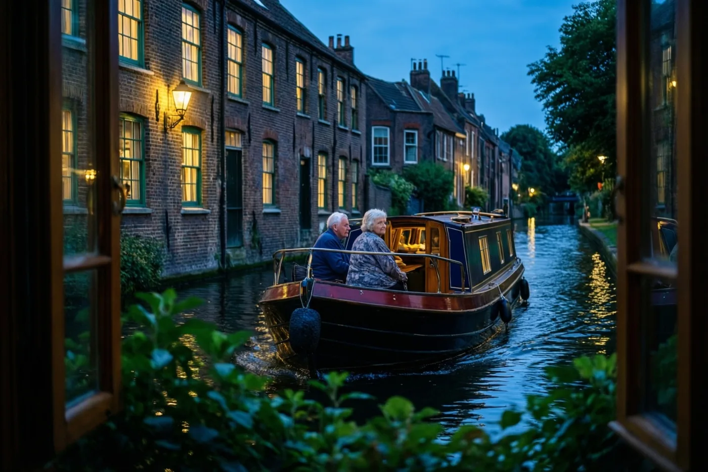 Door een open raam zie je een ouder koppel op het dek van een boot langs historische bakstenen gebouwen varen, met goudkleurig licht uit ramen en straatlampen onder een blauwe schemerlucht.