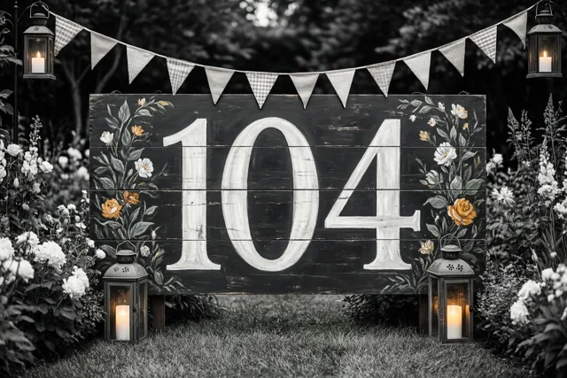 Een houten bord met 104 in wit staat tussen bloemen, vlaggetjes en brandende lantaarns in een tuin, in zwart-wit met kleuraccenten in bloemen en kaarslicht.