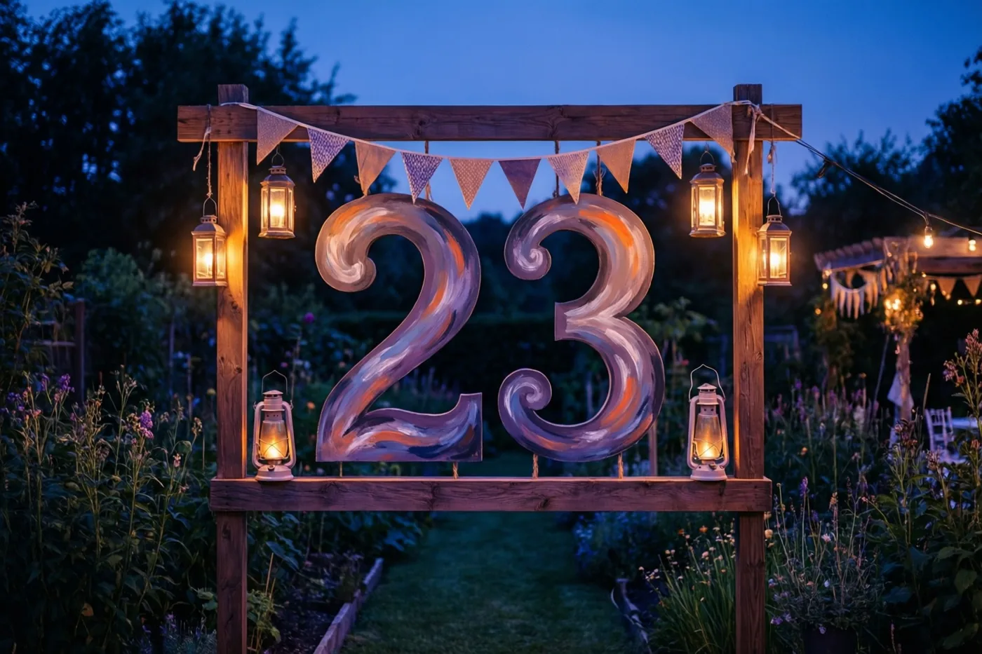 Een groot beschilderd houten bord met 23 staat in een tuin bij schemering, omringd door vlaggetjes en brandende lantaarns onder een donkerblauwe hemel.