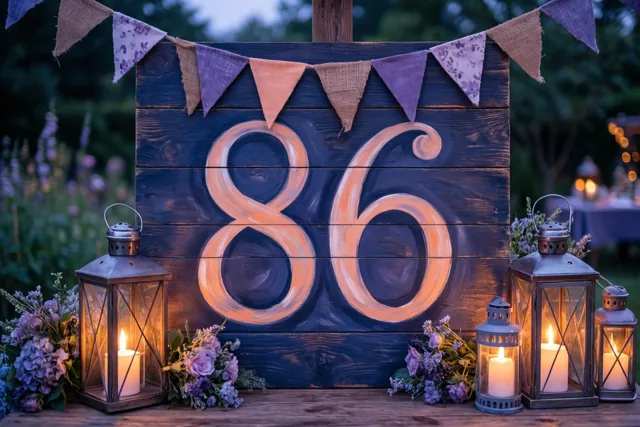 Een groot houten bord met het geschilderde getal 86 staat buiten in de schemering tussen brandende lantaarns, bloemstukken en vlaggetjes.