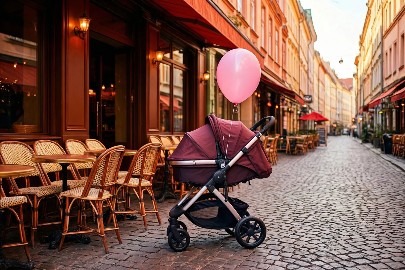 Een bordeauxrode kinderwagen met een roze ballon aan de duwstang staat op een straat met kasseien voor een bruin café met terras in goudkleurig licht.