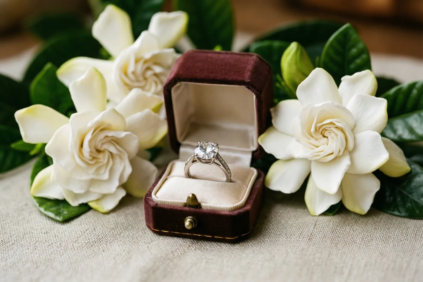 Een open bordeauxrood fluwelen doosje met een ring met één diamant staat op een beige linnen doek tussen witte gardenia’s en groene bladeren.