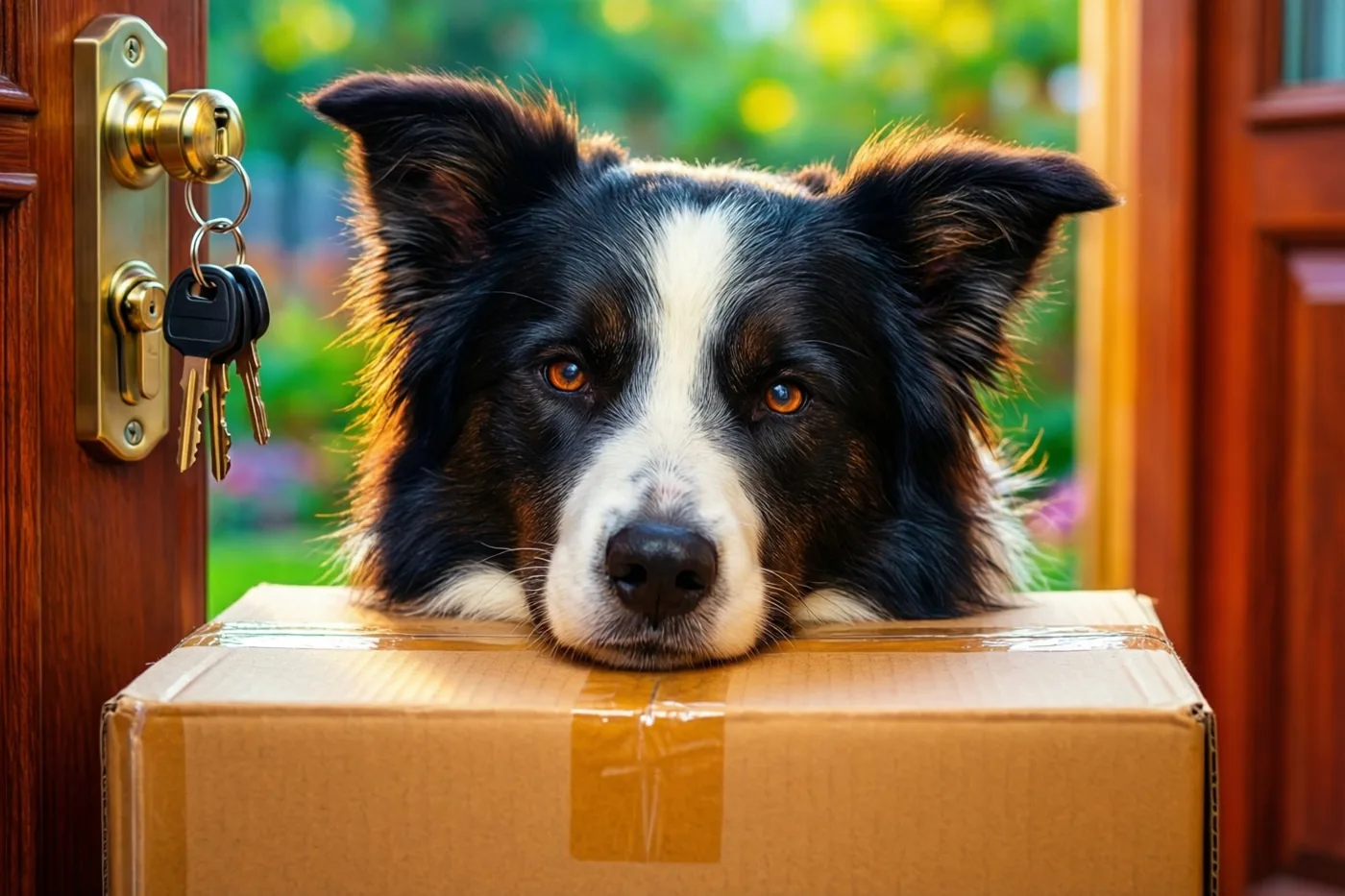 Een zwart-witte bordercollie legt buiten zijn kop op een kartonnen verhuisdoos voor een houten deur met een messing sleutel in het slot en een onscherpe groene tuin op de achtergrond.