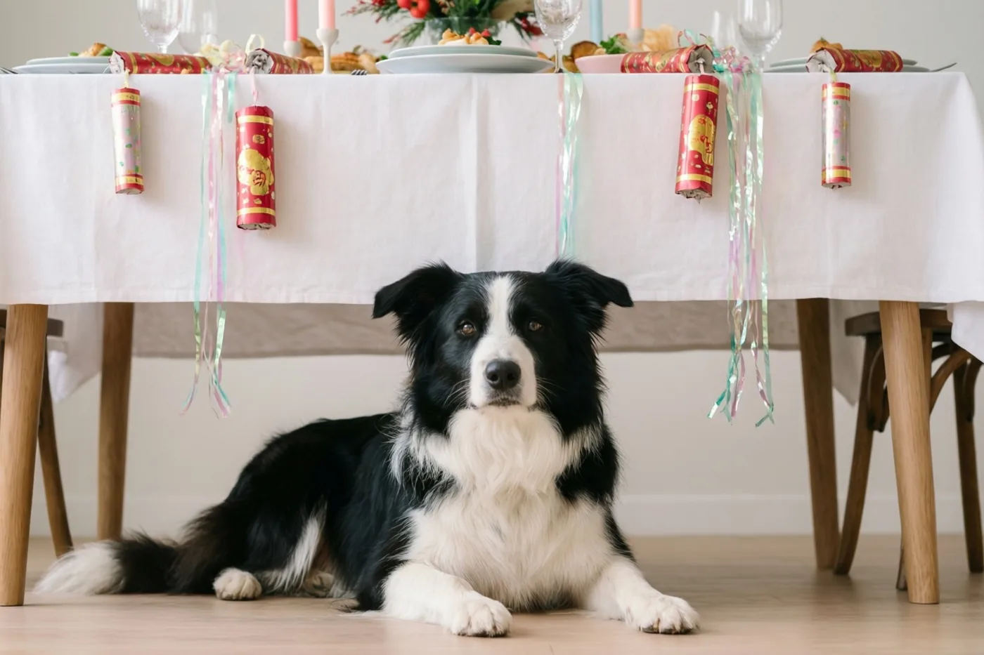 Een zwart-witte bordercollie ligt op een houten vloer onder een eettafel met een wit tafelkleed, rode knalbonbons en kleurrijke slingers.