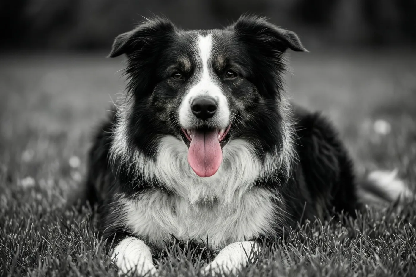 Een zwart-witte bordercollie ligt buiten in het gras met zijn tong uit zijn bek, waarbij de wazige omgeving zijn blije uitdrukking benadrukt.