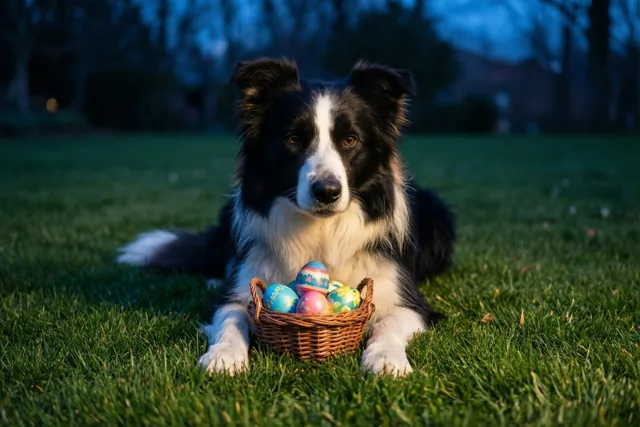 De collie bewaakt de paaseieren