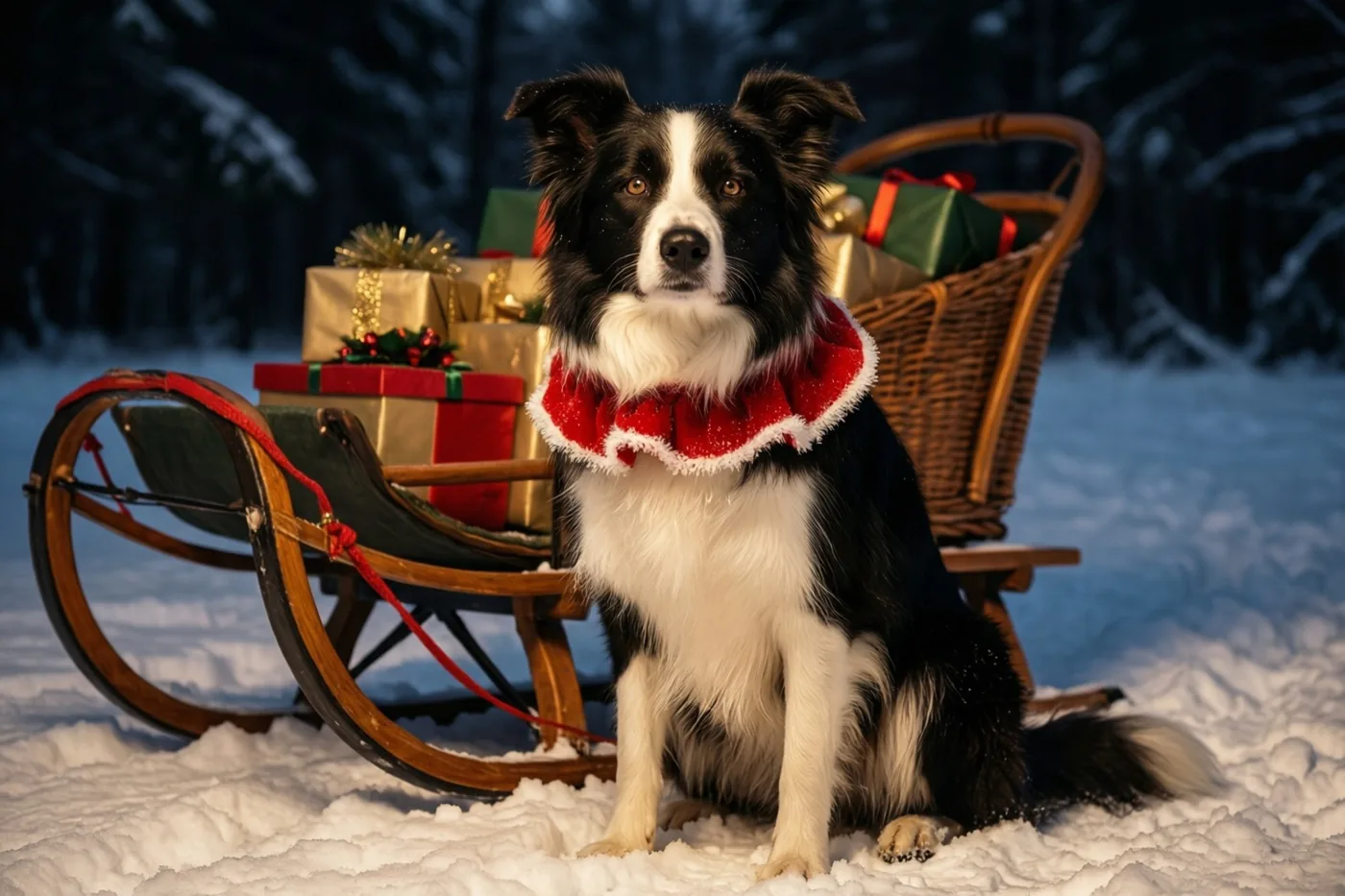 Een zwart-witte bordercollie met een rode kraag met ruches zit bij schemering in een besneeuwd bos naast een houten slee met ingepakte kerstcadeaus, in koele blauwe en witte tinten met warme lichtaccenten.