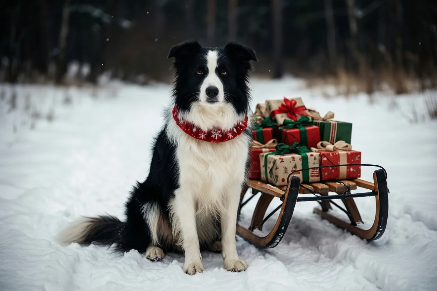 Een zwart-witte bordercollie met een rode halsband met sneeuwvlokken zit in een besneeuwd bos naast een houten slee vol ingepakte kerstcadeaus.