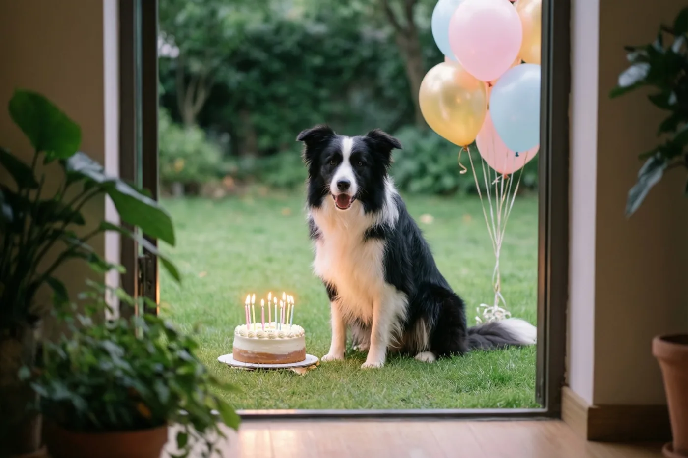 Door een open deuropening is een zwart-witte bordercollie te zien op een groen gazon naast een kleine verjaardagstaart met brandende kaarsjes, met pastelballonnen op de achtergrond.
