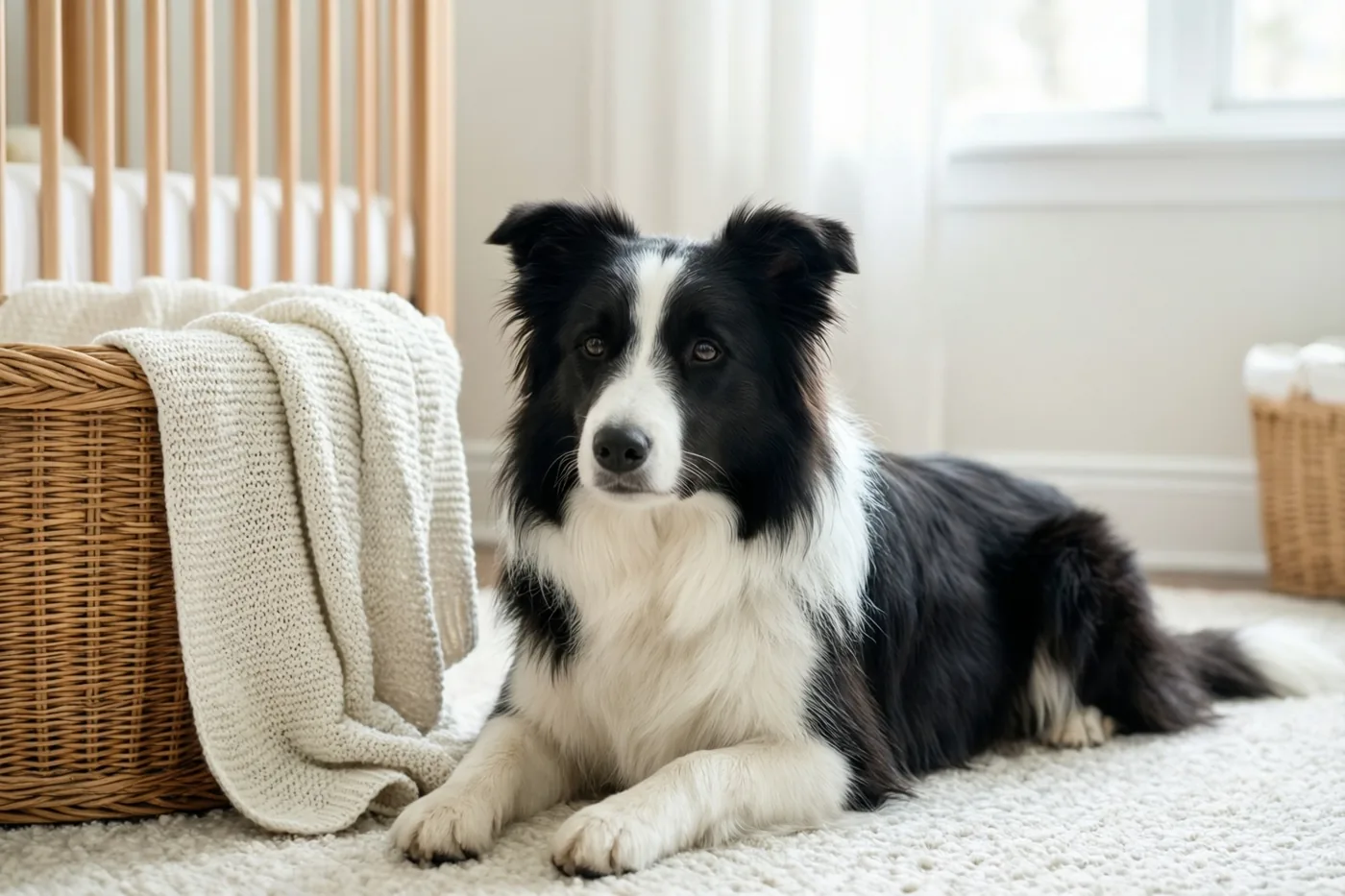 Een zwart-witte bordercollie ligt op een licht tapijt naast een houten babybedje en een rieten mand met een crèmekleurige gebreide deken in een zacht verlichte babykamer.