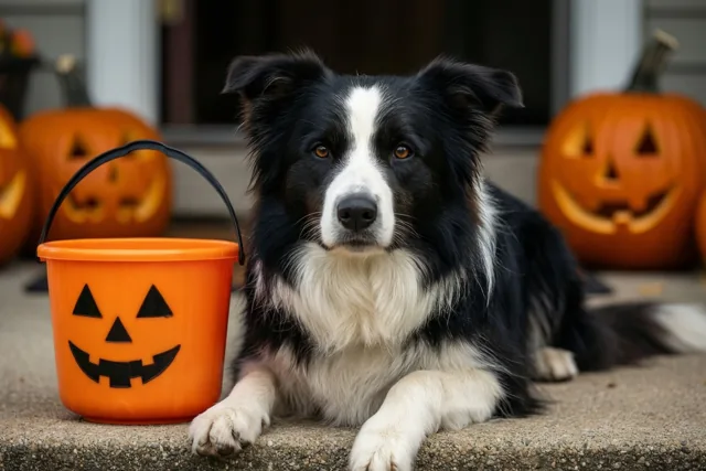 Een collie bij de snoepemmer