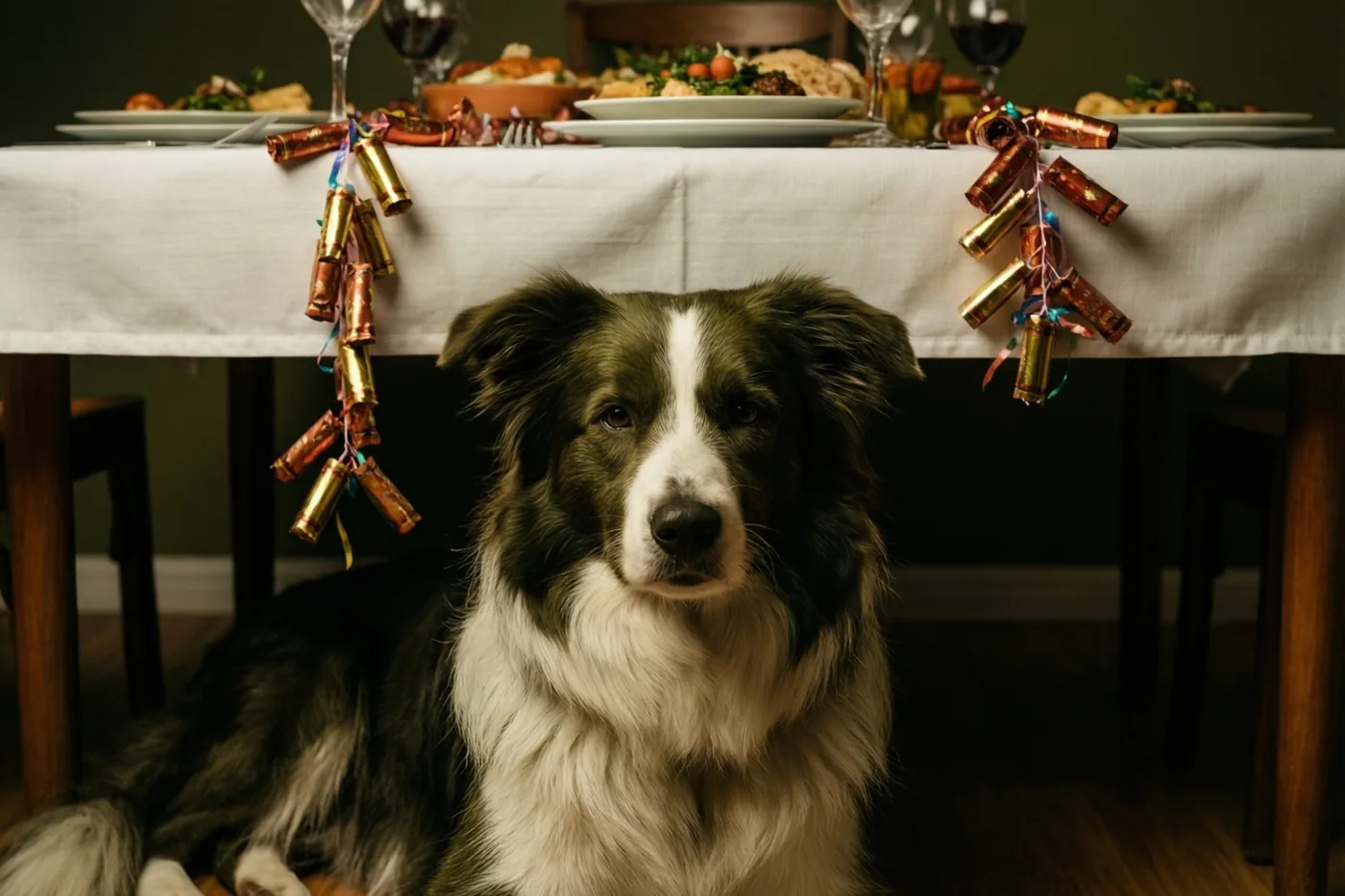 Een zwart-witte bordercollie ligt onder een warm verlichte eettafel met houten poten, een wit tafelkleed, knalbonbons en slingers.