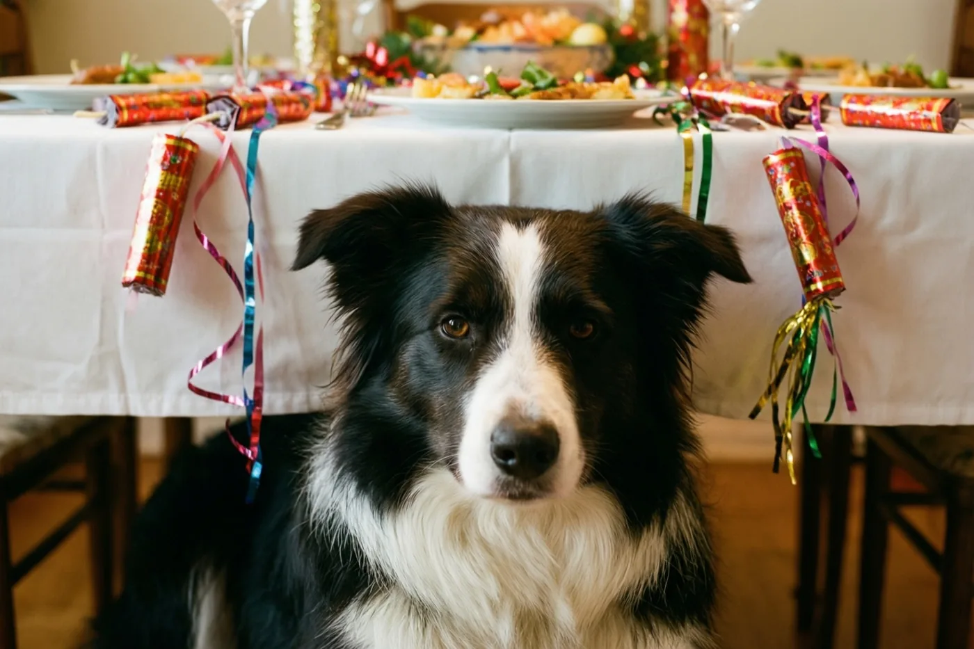 Een zwart-witte bordercollie ligt onder een wit tafelkleed met knalbonbons en kleurrijke slingers, met borden eten op de achtergrond.