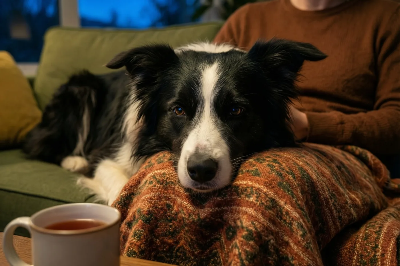 Een zwart-witte bordercollie rust met zijn kop op de met een deken met motief bedekte knieën van een persoon op een groene zetel, met thee op een houten tafel ernaast.