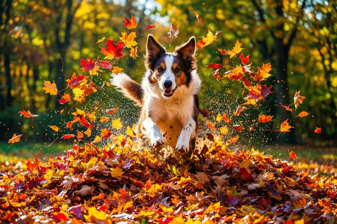 Een bordercollie springt in een grote hoop kleurrijke herfstbladeren die alle kanten op vliegen, in een zonnig bos met goudkleurig en oranje loof.