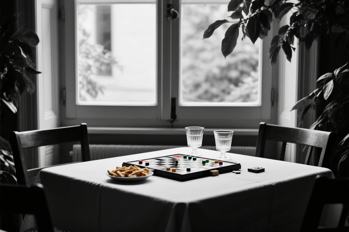 Een zwart-witfoto toont een bordspel, hapjes en twee glazen op een tafel in een kamer met een raam en planten.