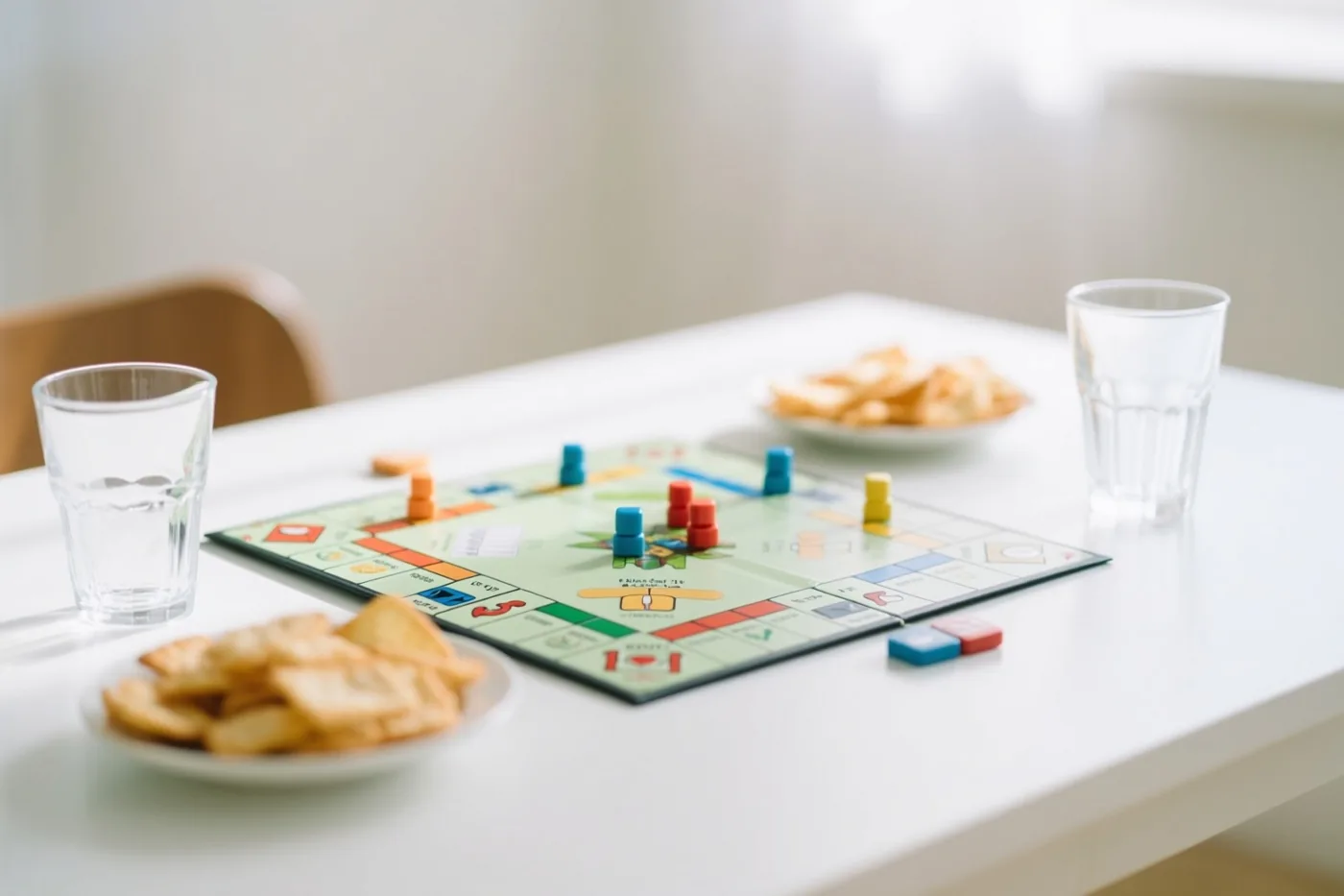 Een kleurrijk bordspel ligt op een witte tafel met bordjes hapjes en twee doorzichtige glazen in zacht licht tegen een heldere achtergrond.