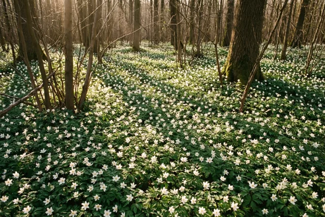 Een lentetapijt van witte bloemen