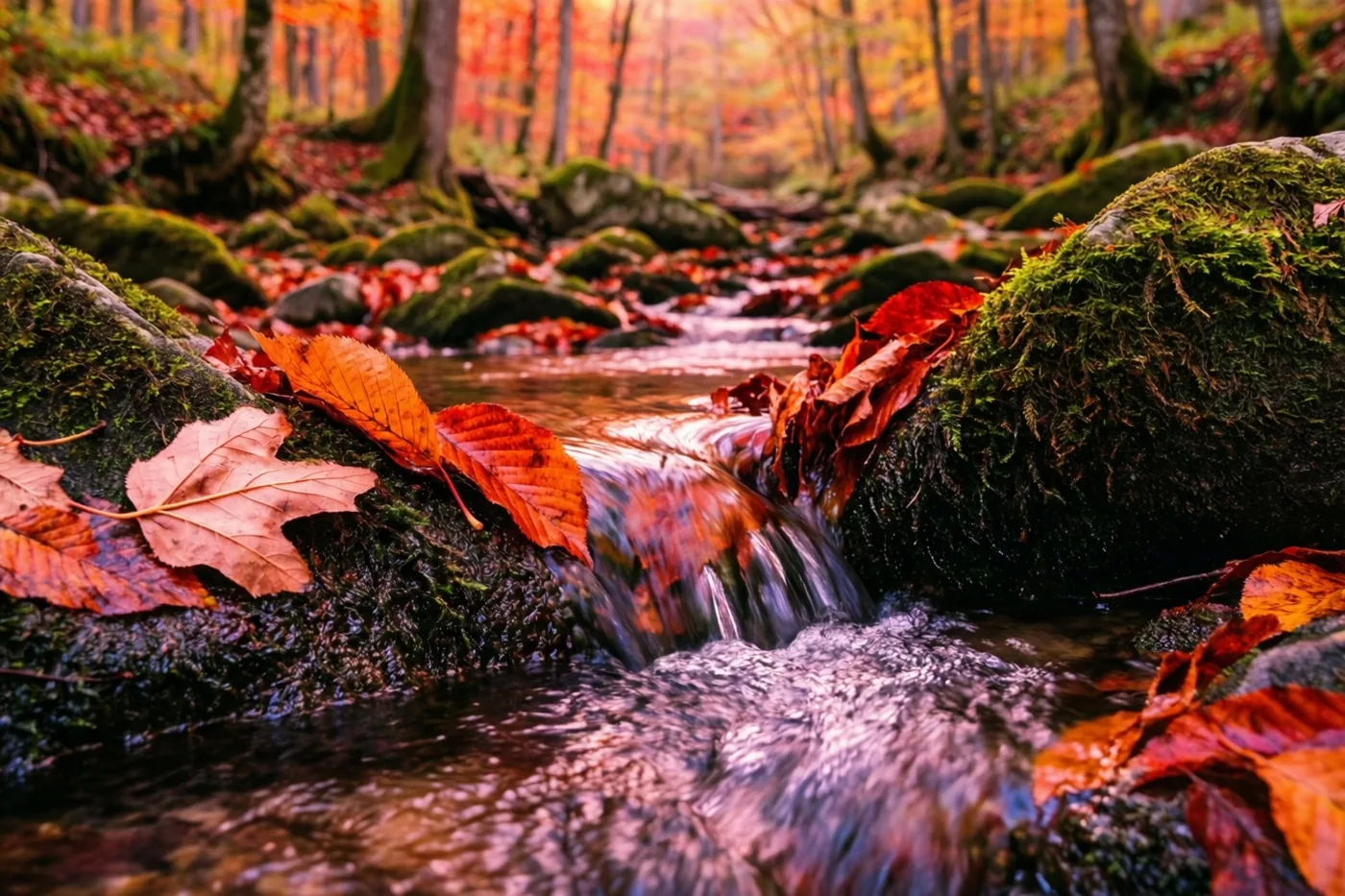 Een heldere bosbeek stroomt over bemoste rotsen, met oranje en rode bladeren langs de oevers en in het water en warm licht tussen de bomen.